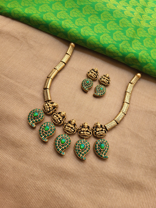 Green Mago Motif With Lakshmi Terracotta Jewellery