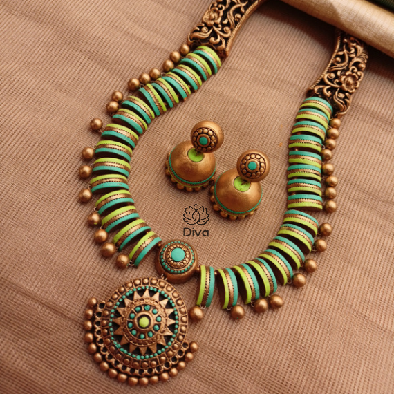 Dual tone green-blue terracotta jewellery