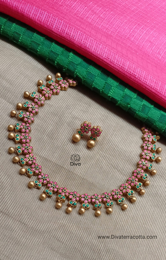 Pink green floral terracotta jewellery