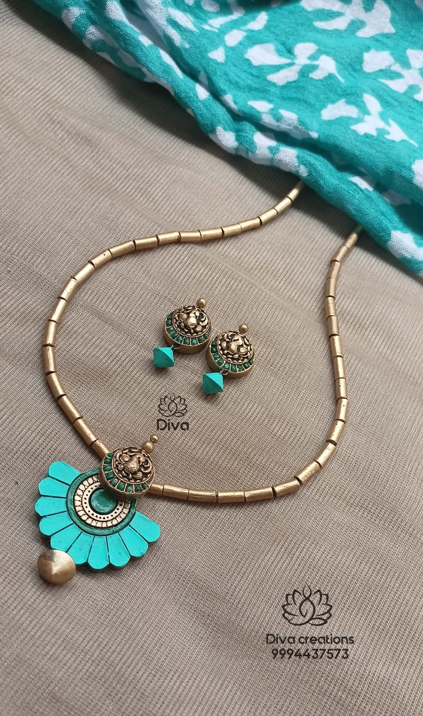 Aqua Floral Tube Terracotta Jewellery