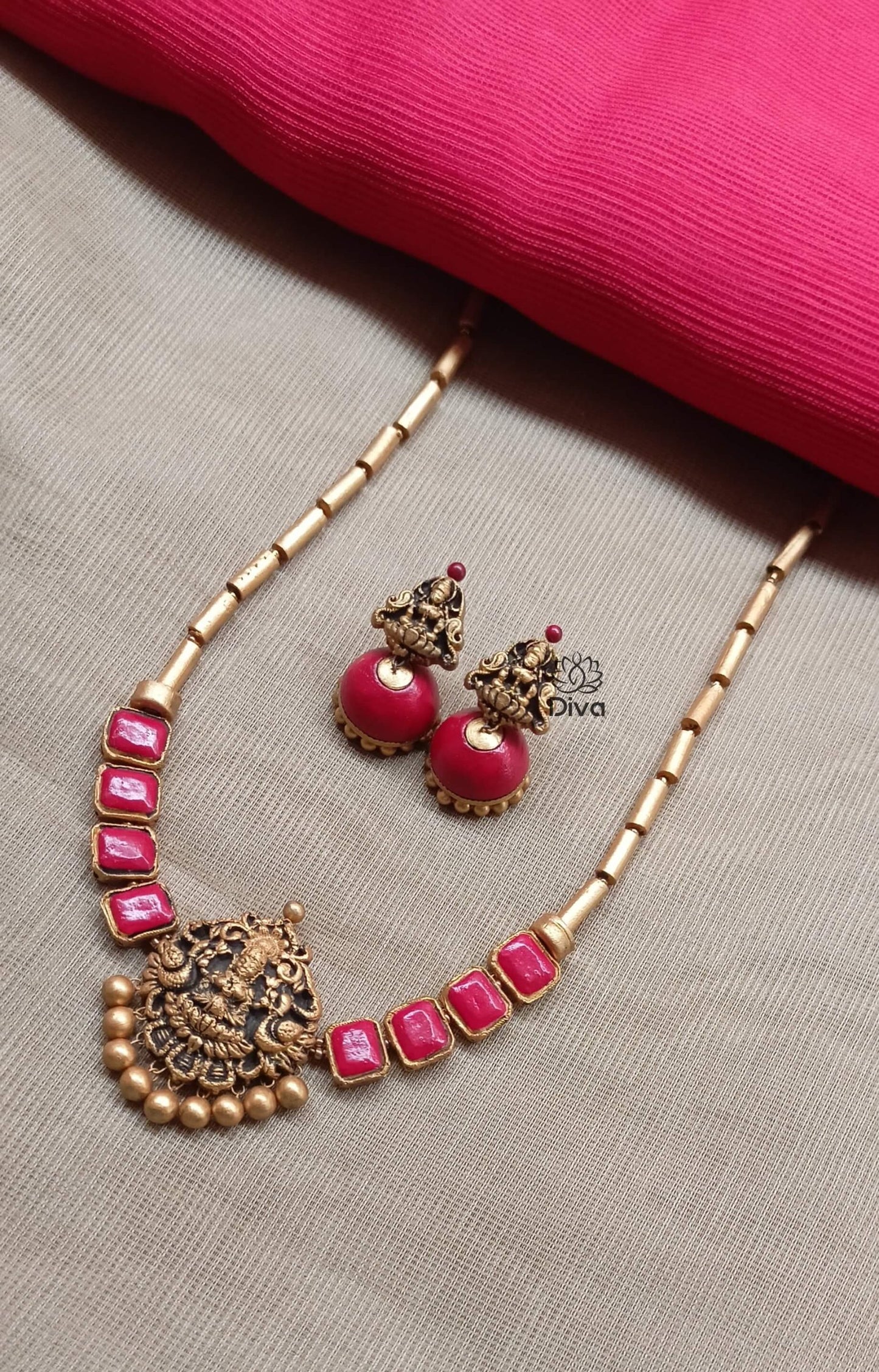 Maroon kundan Lakshmi terracotta jewellery