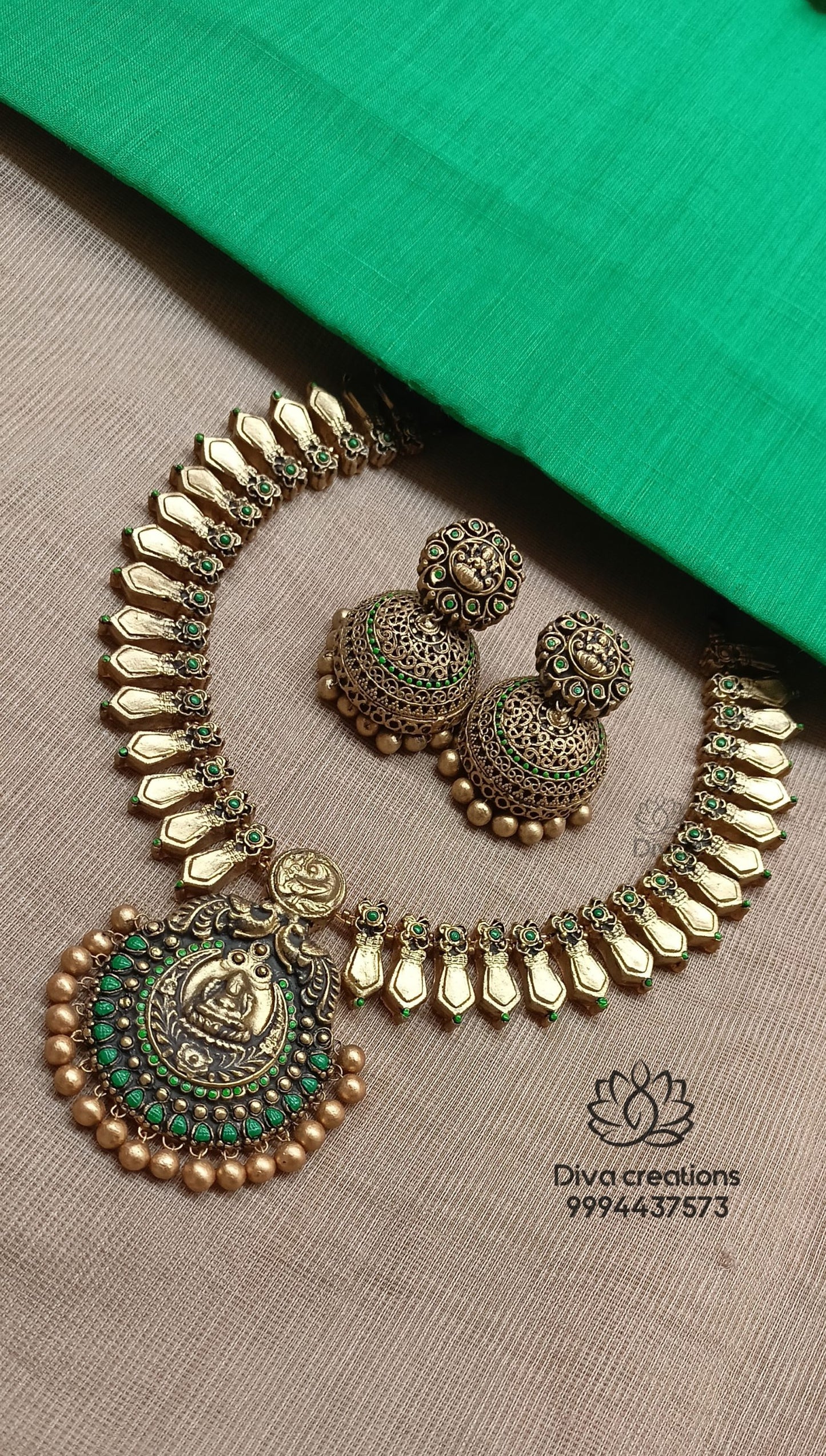 Green Traditional Lakshmi terracotta jewellery