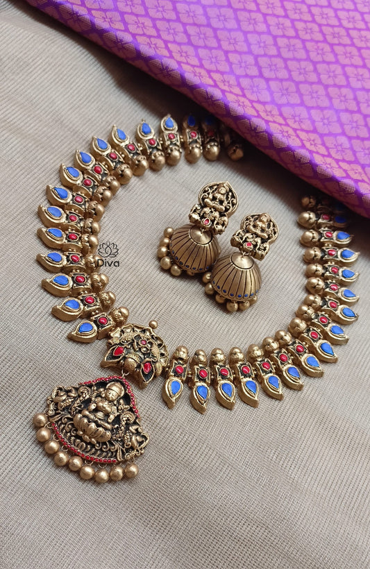 Blue red Lakshmi terracotta jewellery